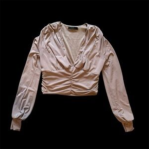 Beige 21 Saints cropped cinched stretchy vneck blouse